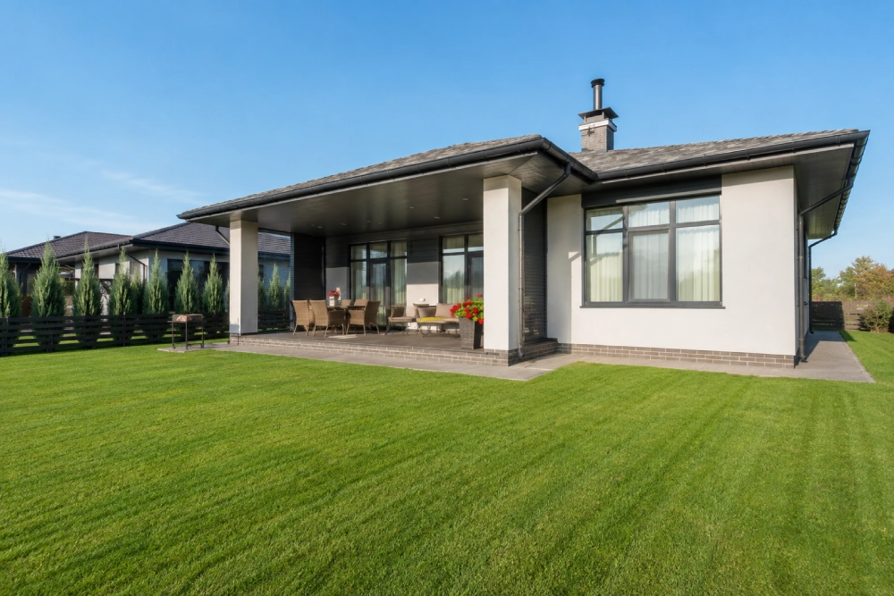 Freshly mown lawn surrounding a modern residential home.