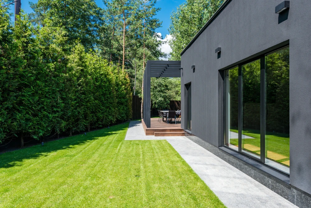 Freshly maintained lawn with neatly trimmed hedges beside a modern home.